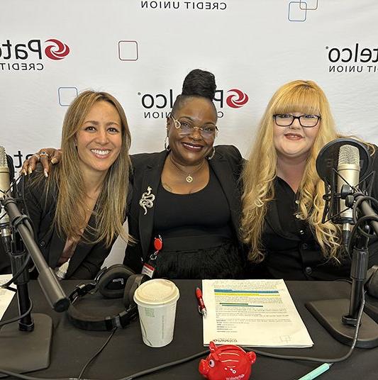 Patelco employees Michele Enriquez, Jesslyn Flentroy and Ginger Smith at the podcast desk