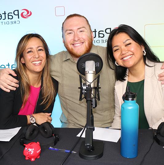 Patelco Employees Uslea Evangelista, Andrew Farrell, and Michele Enriquez at the podcast desk